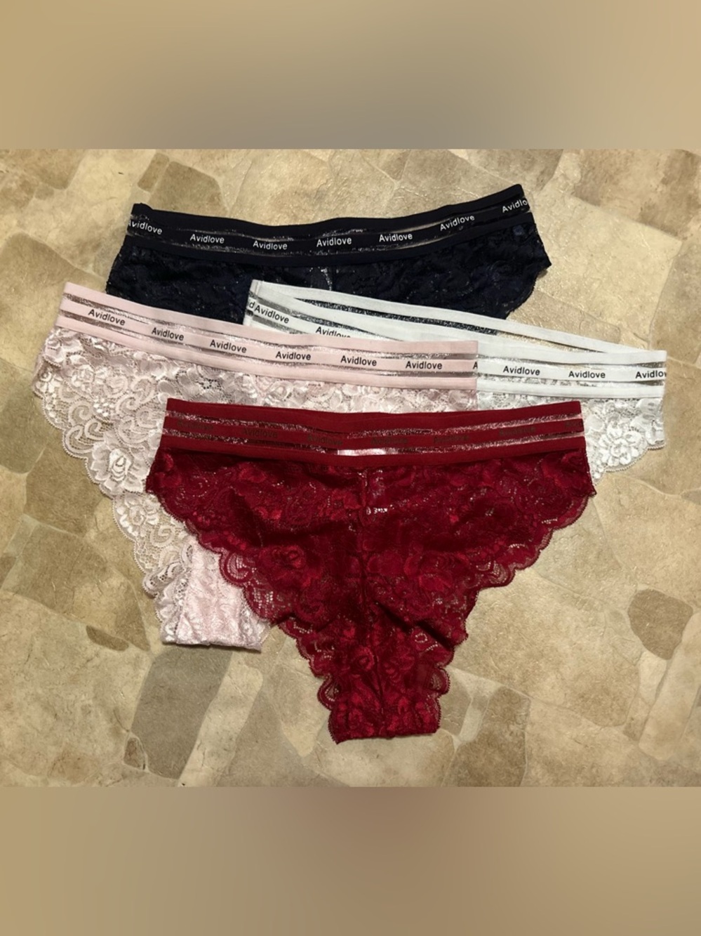 NEW 4 Pair Avidlove Lace Cheeky Panties - Red, Navy Blue, White, Pink Medium